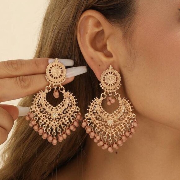 Bohemian style dusky pink and gold dangle earrings elegant opulent detailed - Picture 1 of 4
